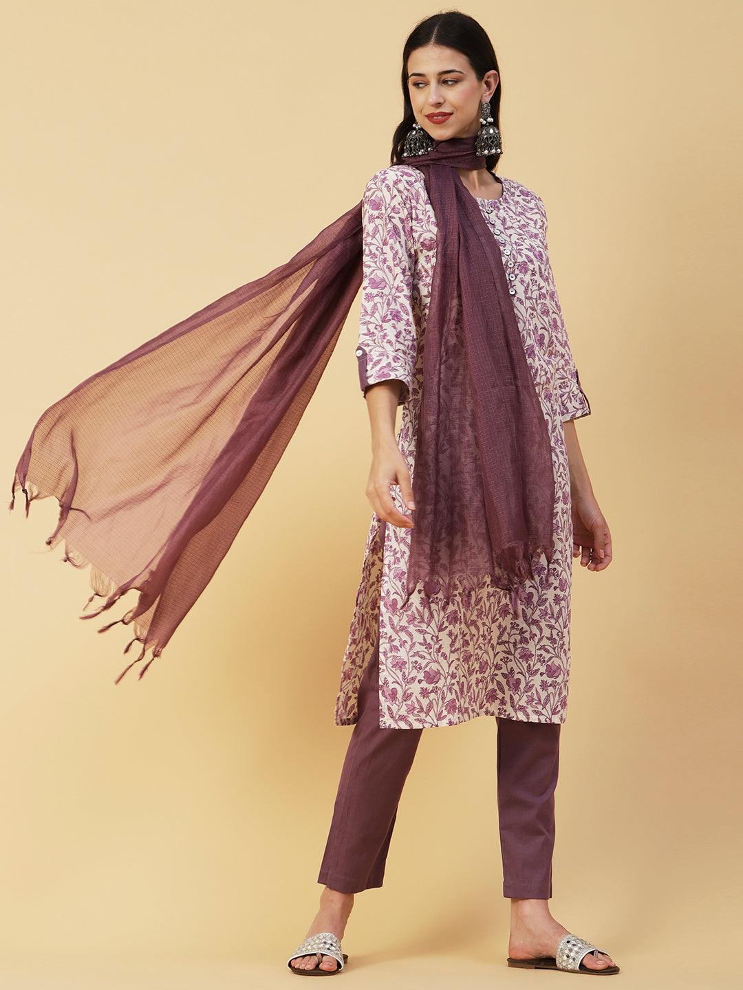 Floral Block Printed Sequins & Zari Embroidered Kurta With Pants & Dupatta - White & Purple - Indiakreations