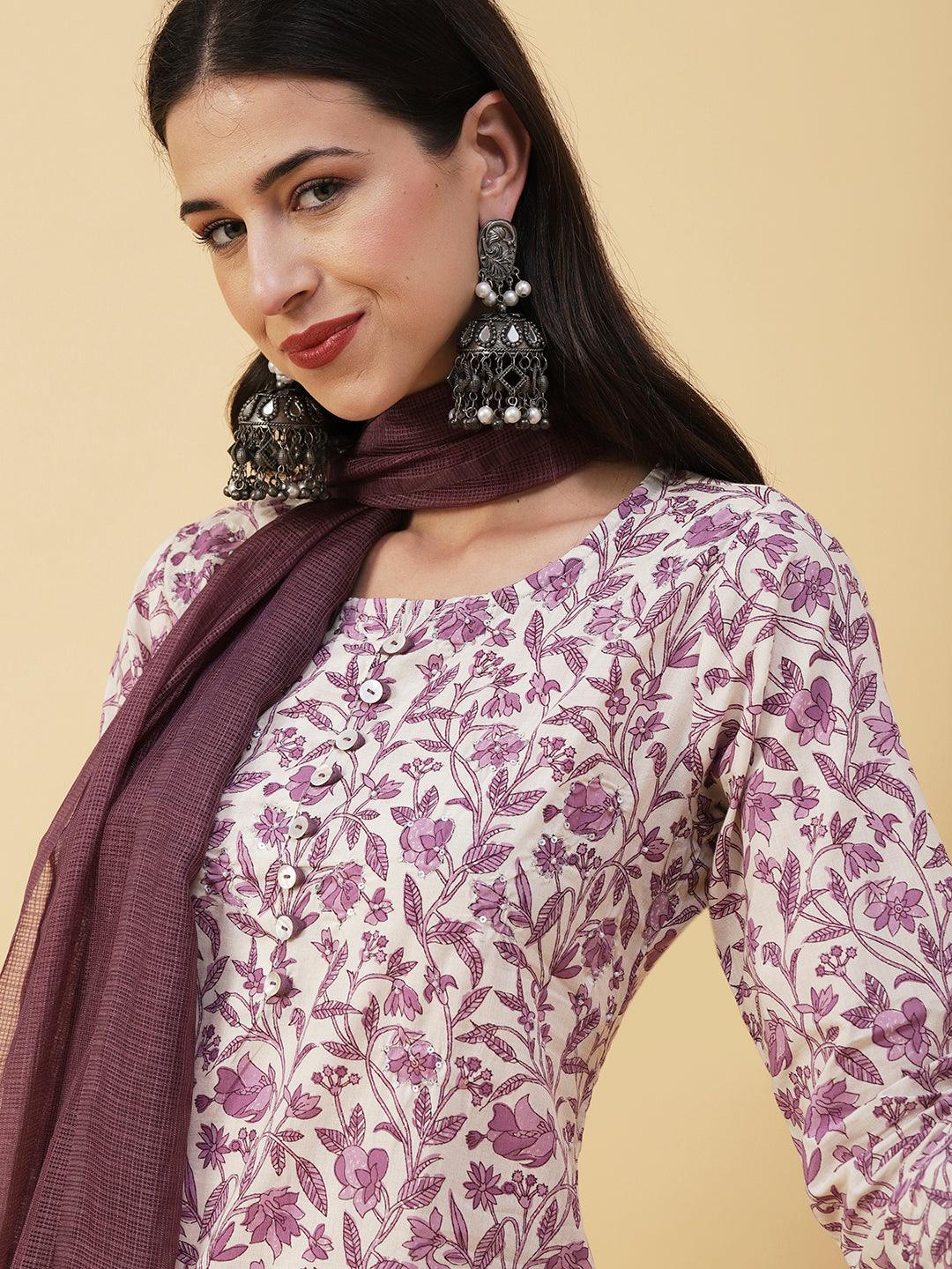 Floral Block Printed Sequins & Zari Embroidered Kurta With Pants & Dupatta - White & Purple - Indiakreations