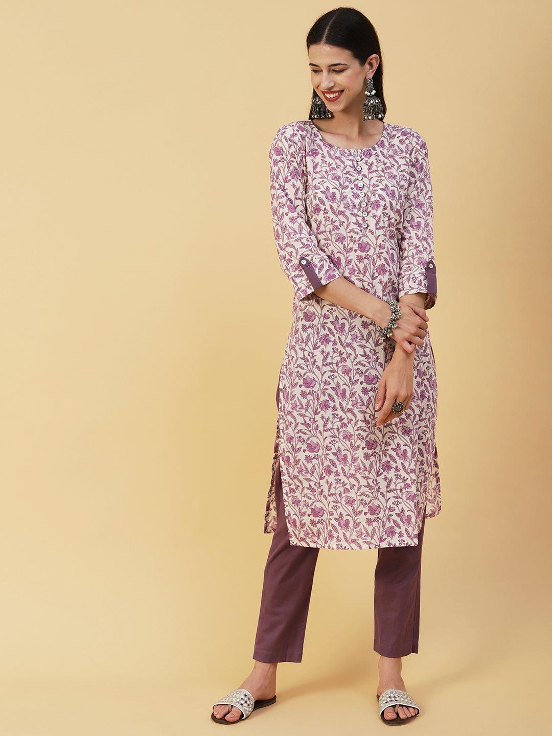 Floral Block Printed Sequins & Zari Embroidered Kurta With Pants & Dupatta - White & Purple - Indiakreations