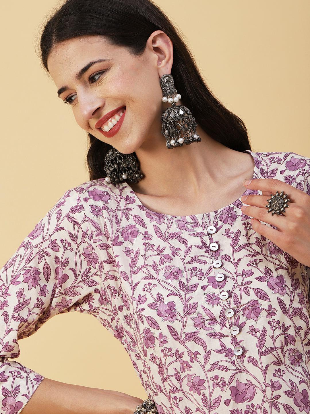 Floral Block Printed Sequins & Zari Embroidered Kurta With Pants & Dupatta - White & Purple - Indiakreations