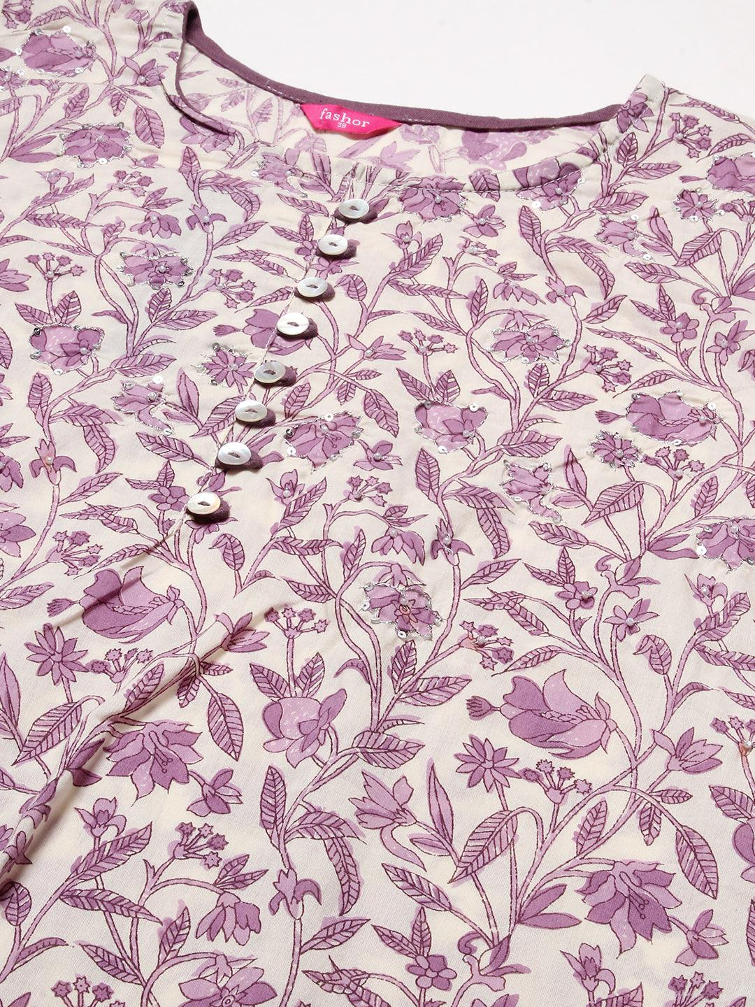 Floral Block Printed Sequins & Zari Embroidered Kurta With Pants & Dupatta - White & Purple - Indiakreations