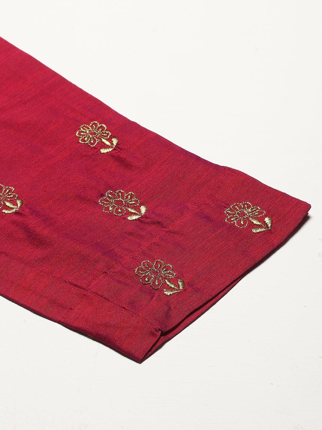 Solid Zari Floral Embroidered Pants - Burgundy - Indiakreations