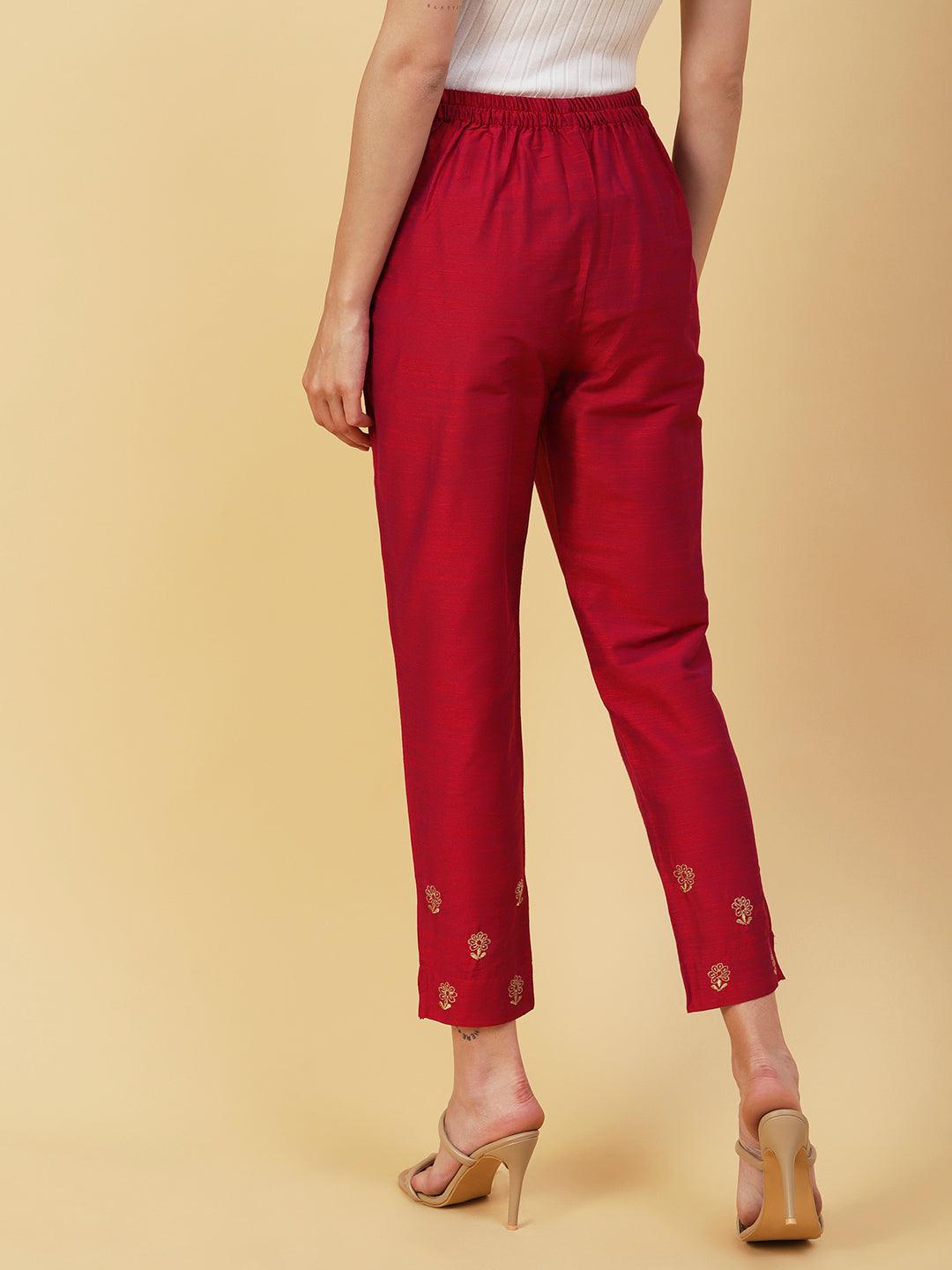 Solid Zari Floral Embroidered Pants - Burgundy - Indiakreations