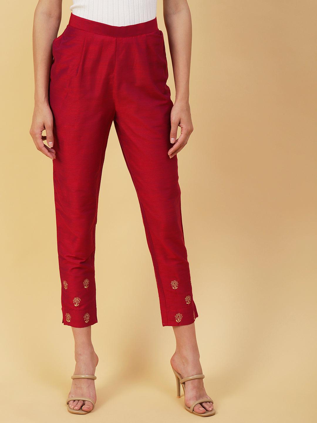 Solid Zari Floral Embroidered Pants - Burgundy - Indiakreations