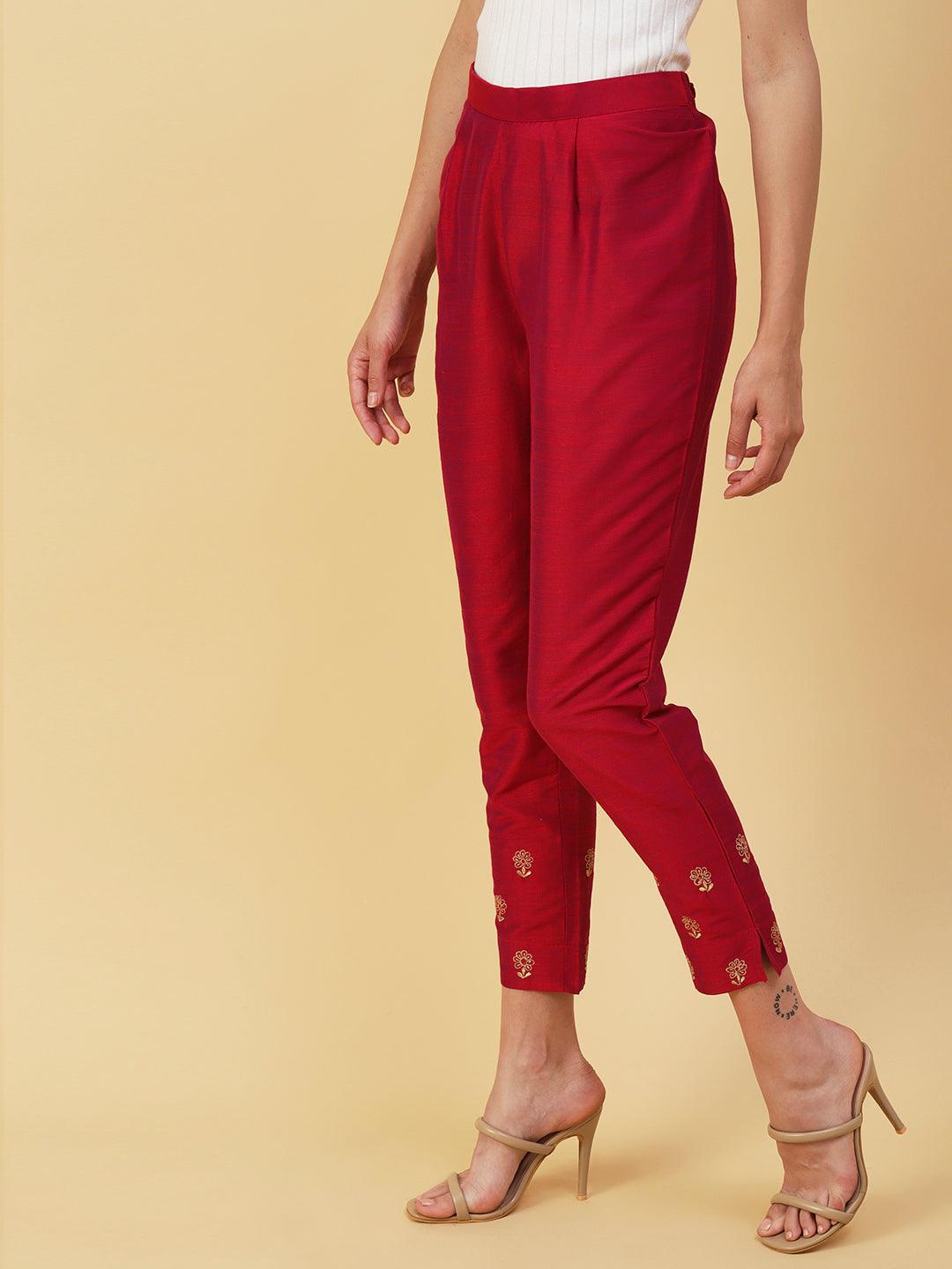 Solid Zari Floral Embroidered Pants - Burgundy - Indiakreations