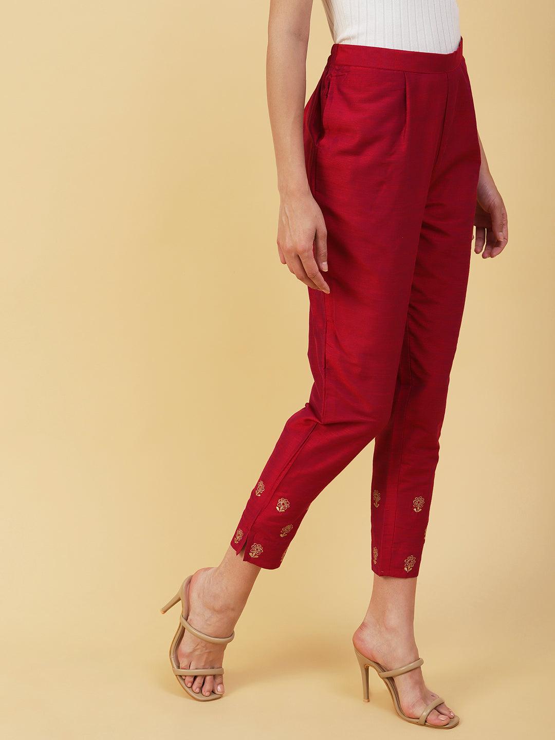 Solid Zari Floral Embroidered Pants - Burgundy - Indiakreations