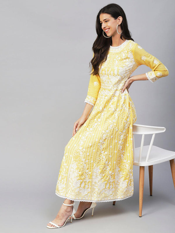 Solid Resham Embroidered & Crochet Lace Embellished Anarkali Maxi Gown - Yellow - Indiakreations