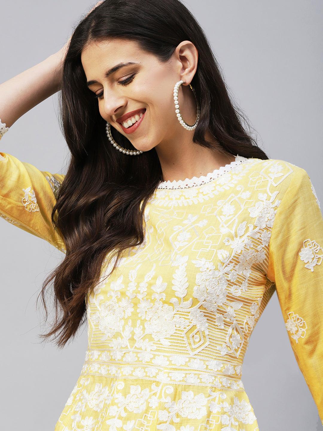 Solid Resham Embroidered & Crochet Lace Embellished Anarkali Maxi Gown - Yellow - Indiakreations