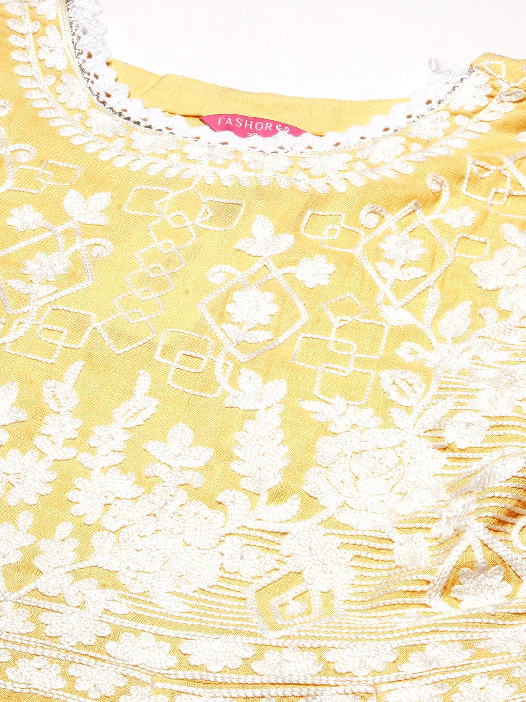 Solid Resham Embroidered & Crochet Lace Embellished Anarkali Maxi Gown - Yellow - Indiakreations