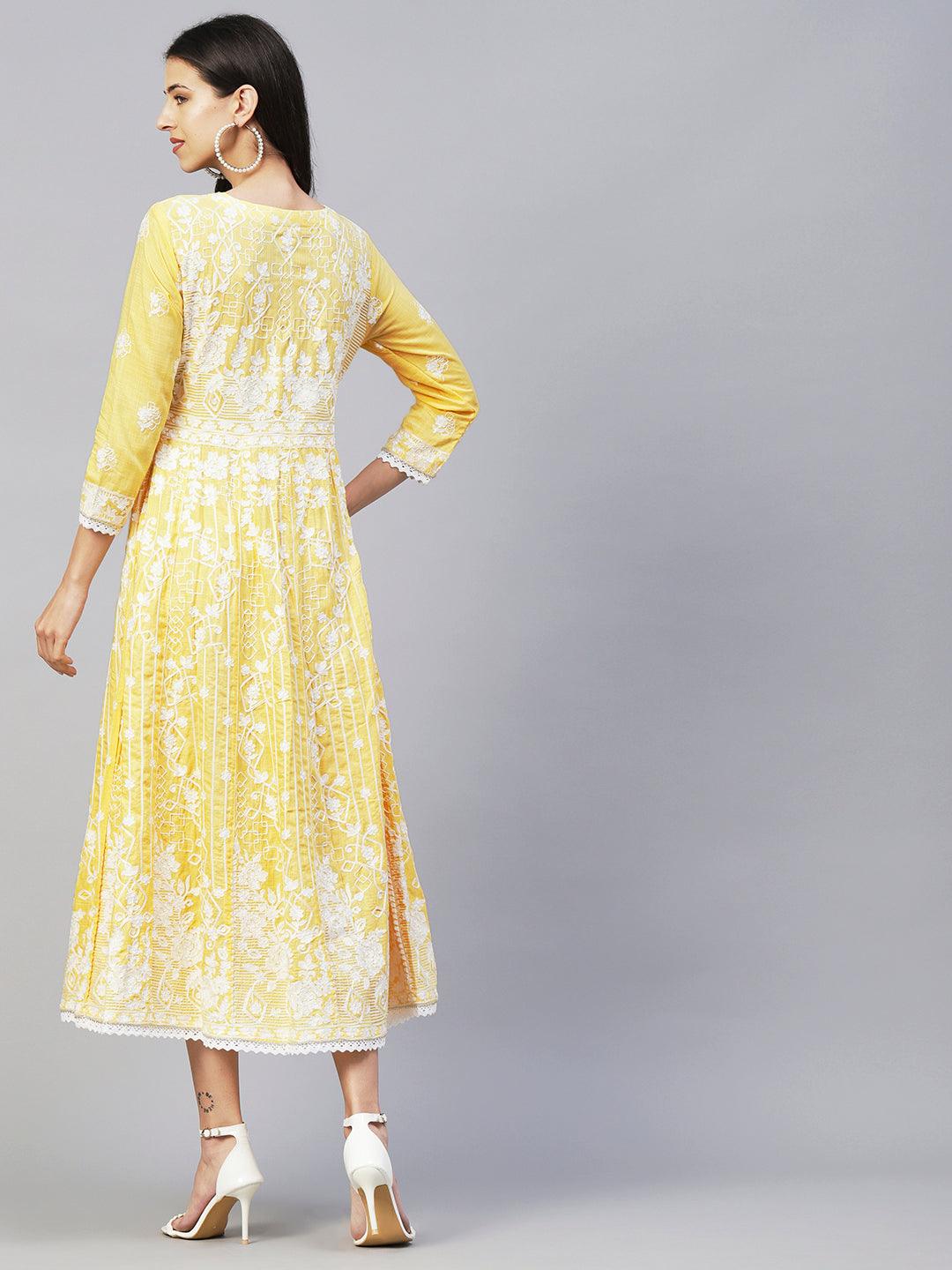 Solid Resham Embroidered & Crochet Lace Embellished Anarkali Maxi Gown - Yellow - Indiakreations