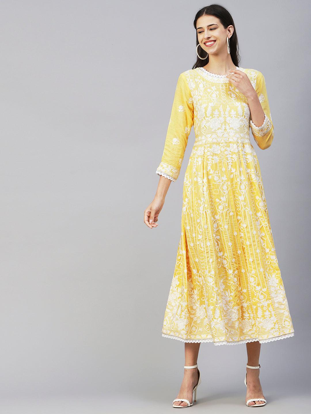 Solid Resham Embroidered & Crochet Lace Embellished Anarkali Maxi Gown - Yellow - Indiakreations