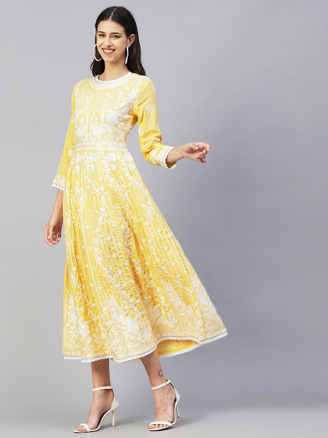 Solid Resham Embroidered & Crochet Lace Embellished Anarkali Maxi Gown - Yellow - Indiakreations