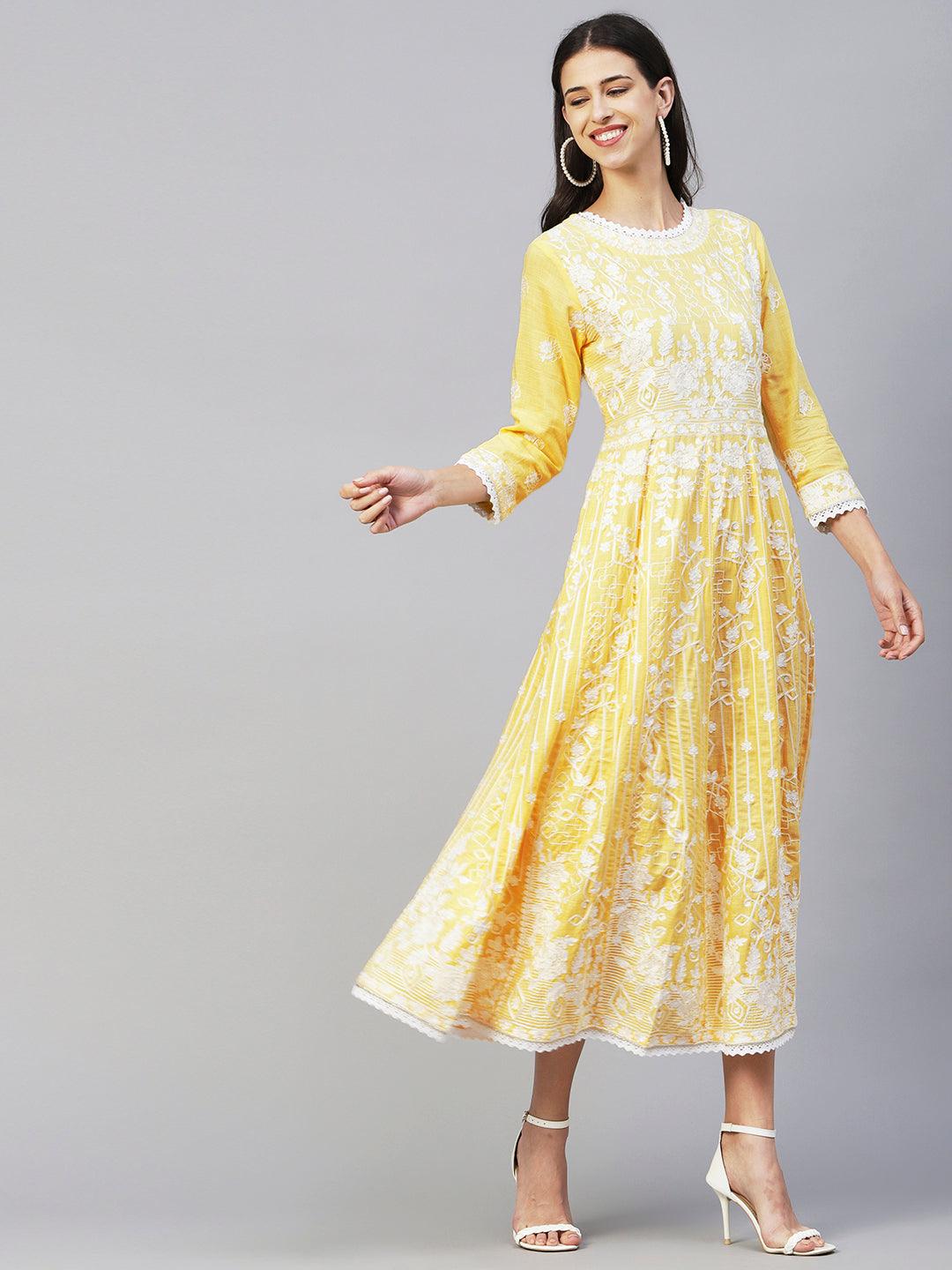 Solid Resham Embroidered & Crochet Lace Embellished Anarkali Maxi Gown - Yellow - Indiakreations