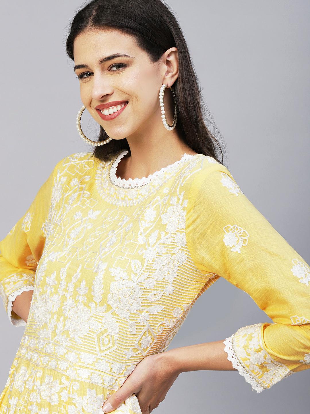 Solid Resham Embroidered & Crochet Lace Embellished Anarkali Maxi Gown - Yellow - Indiakreations