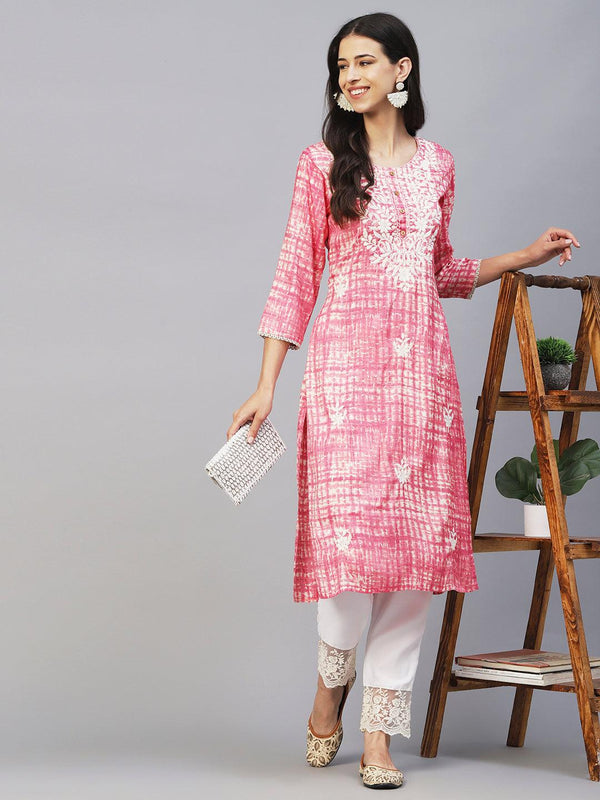 Abstract Printed & Chikankari Embroidered Straight Fit Kurta - Pink - Indiakreations