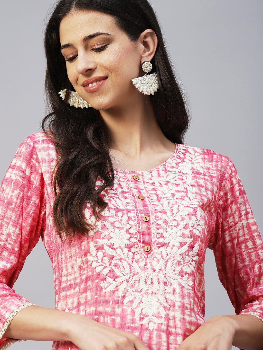 Abstract Printed & Chikankari Embroidered Straight Fit Kurta - Pink - Indiakreations