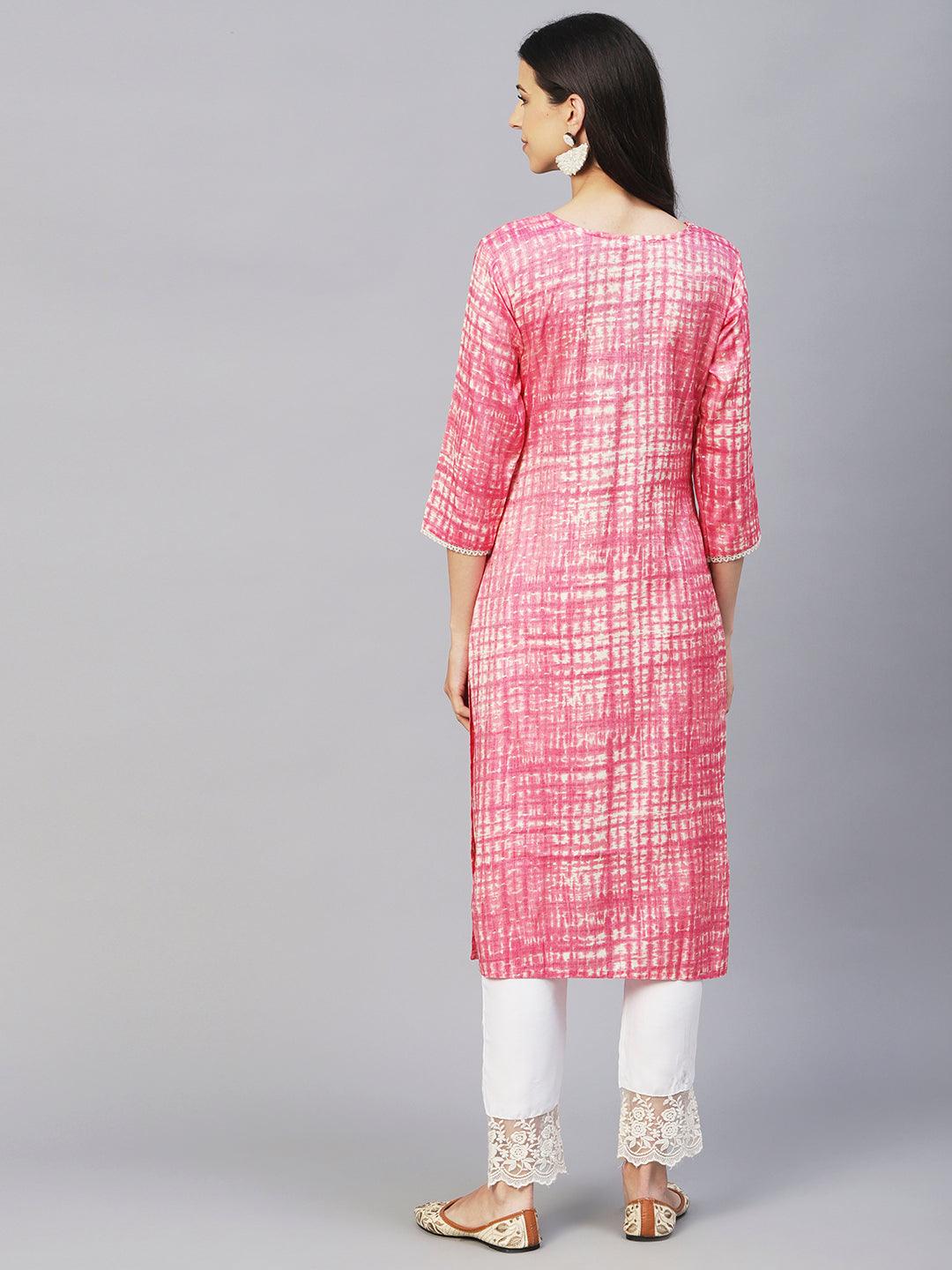 Abstract Printed & Chikankari Embroidered Straight Fit Kurta - Pink - Indiakreations