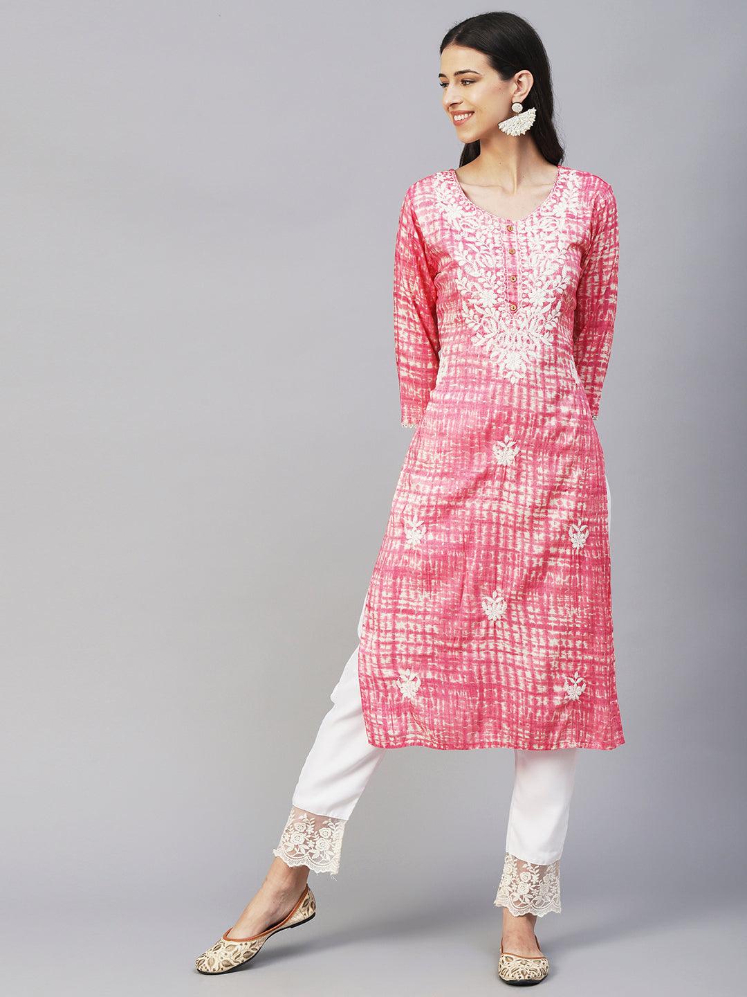 Abstract Printed & Chikankari Embroidered Straight Fit Kurta - Pink - Indiakreations