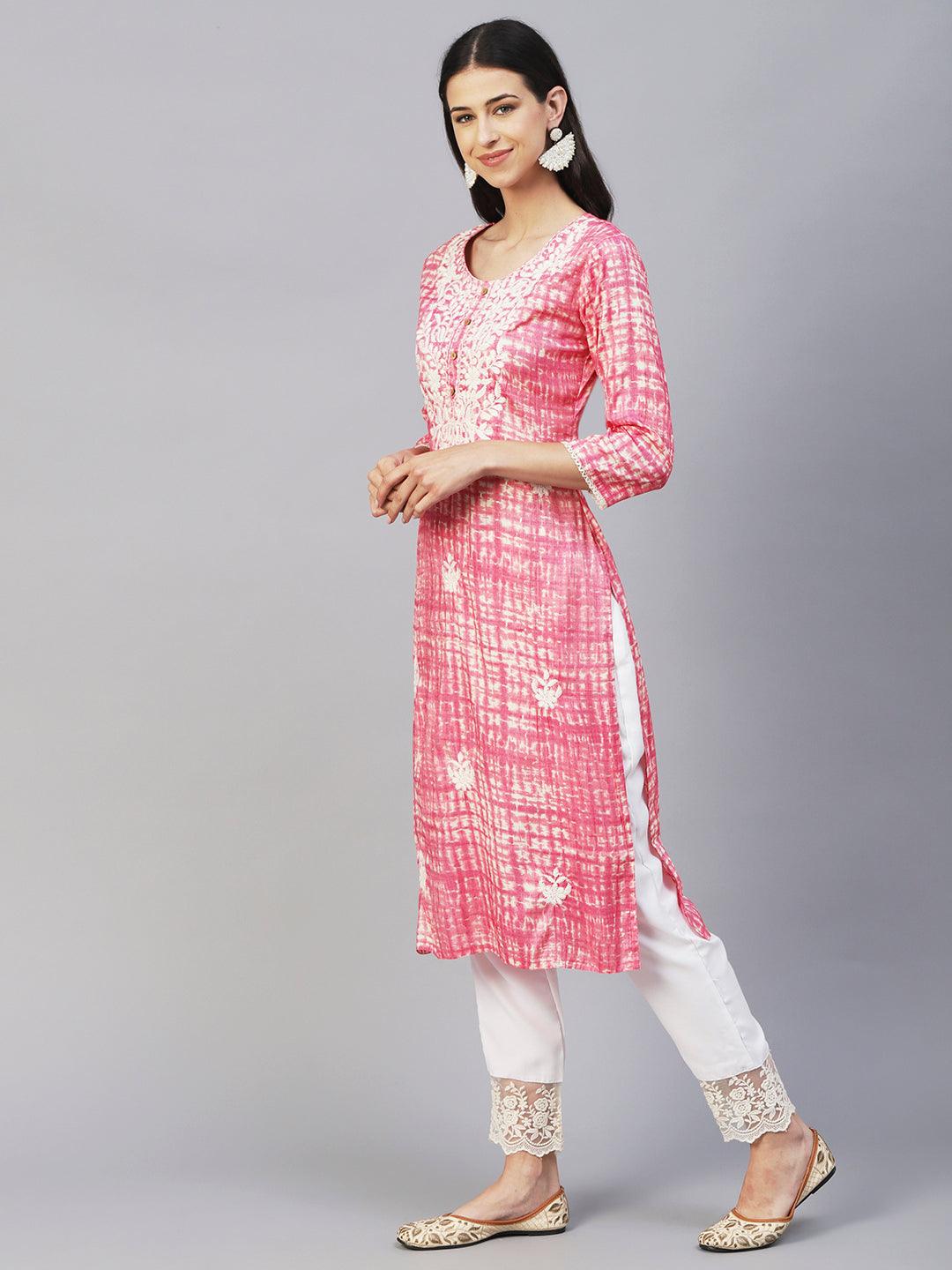 Abstract Printed & Chikankari Embroidered Straight Fit Kurta - Pink - Indiakreations