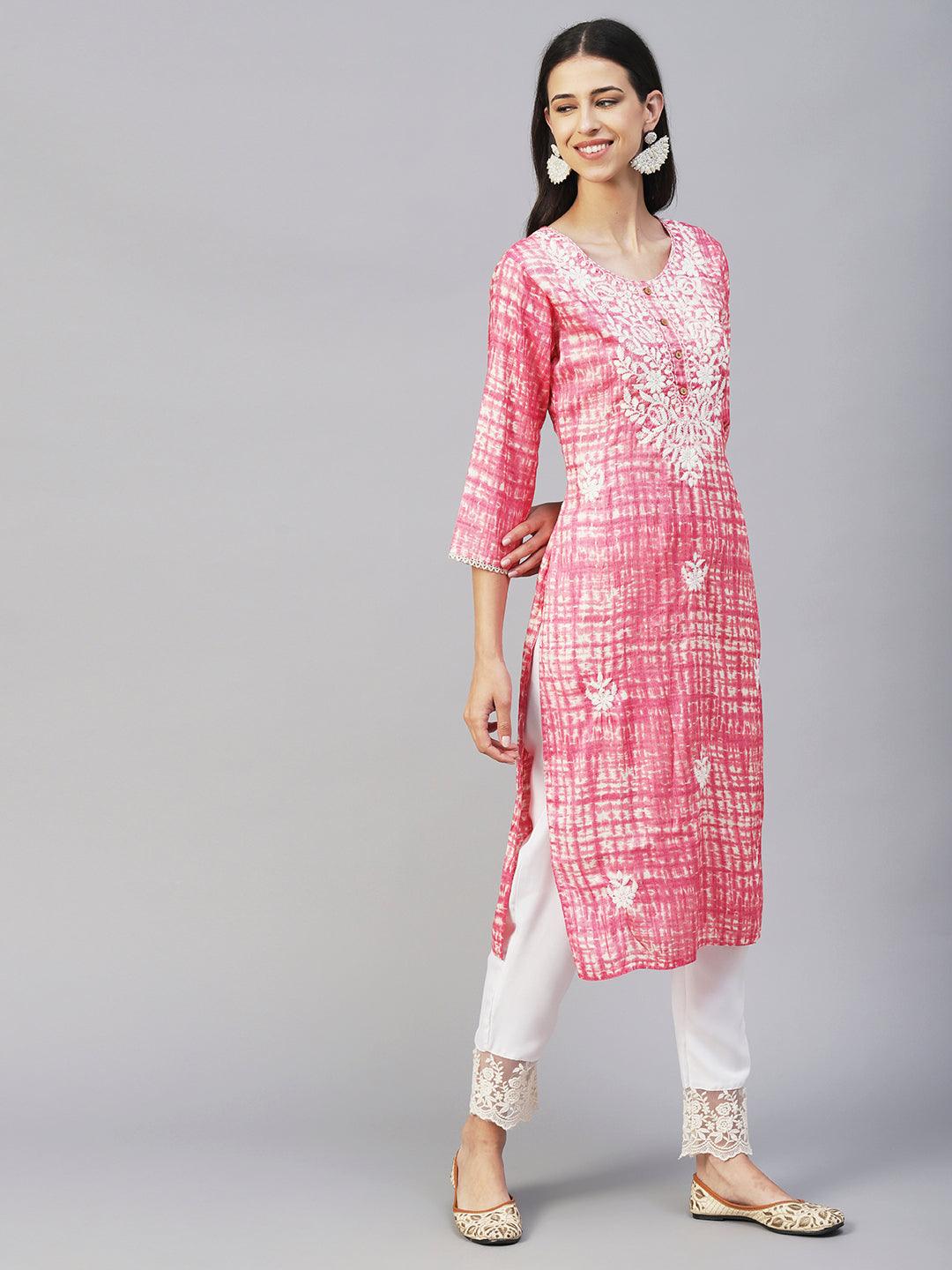 Abstract Printed & Chikankari Embroidered Straight Fit Kurta - Pink - Indiakreations