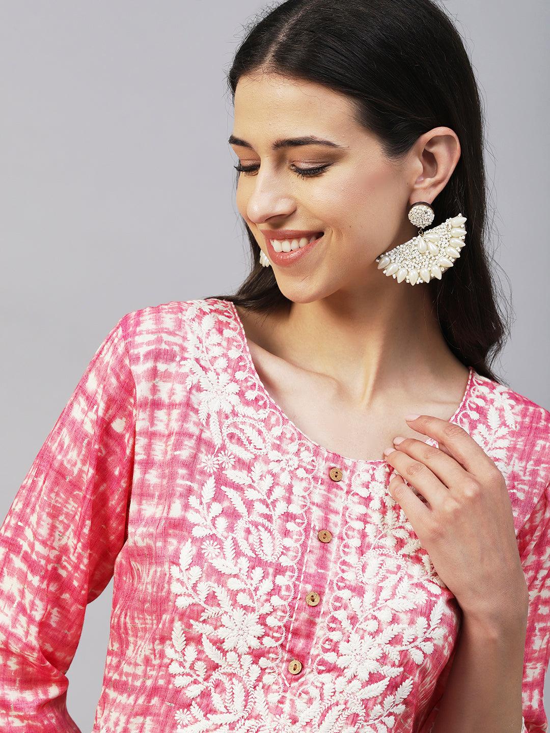 Abstract Printed & Chikankari Embroidered Straight Fit Kurta - Pink - Indiakreations