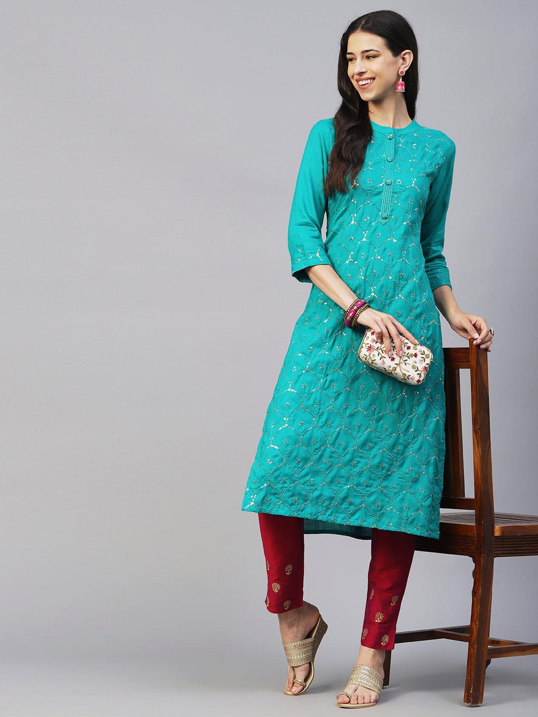 Solid Sequins & Resham Jaal Embroidered Kurta - Green - Indiakreations