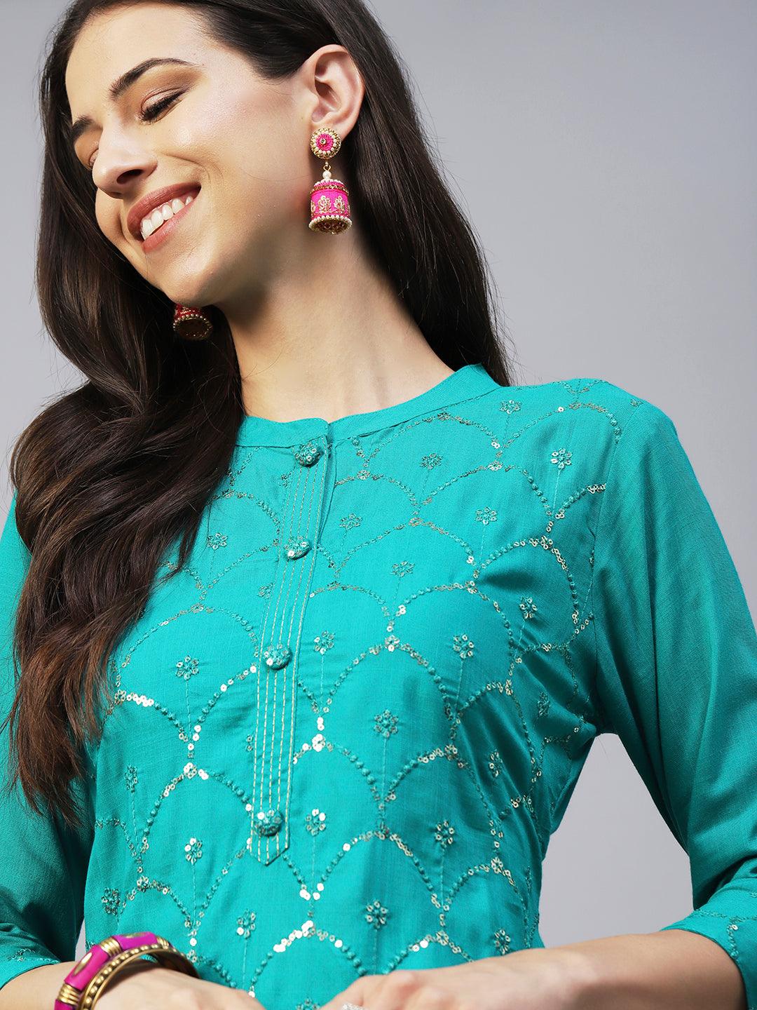 Solid Sequins & Resham Jaal Embroidered Kurta - Green - Indiakreations