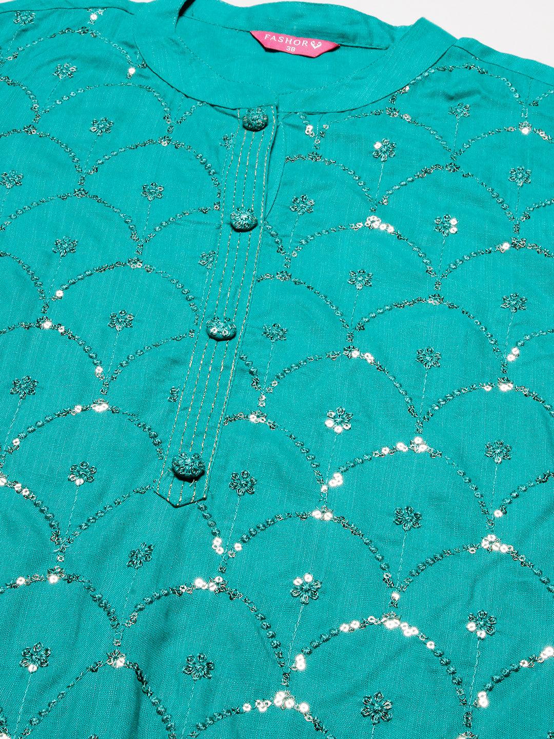 Solid Sequins & Resham Jaal Embroidered Kurta - Green - Indiakreations