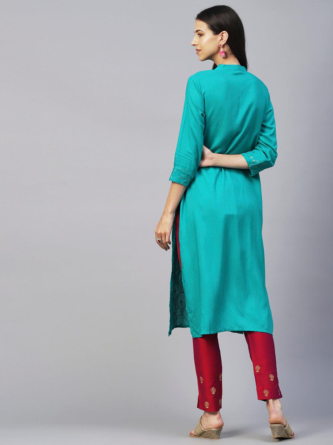 Solid Sequins & Resham Jaal Embroidered Kurta - Green - Indiakreations