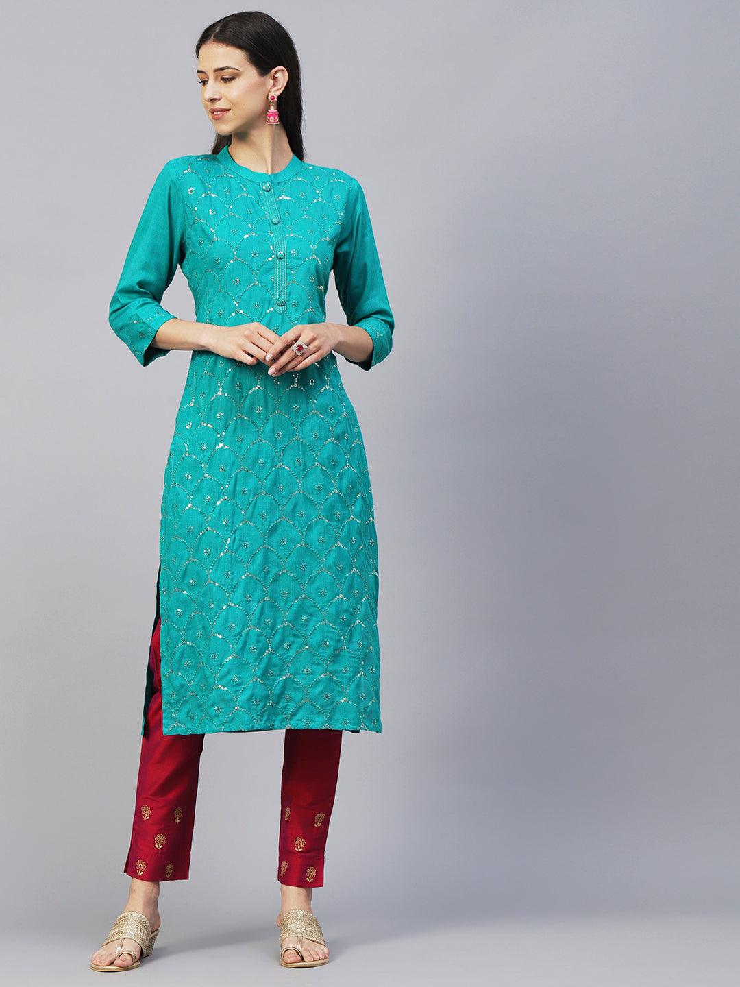 Solid Sequins & Resham Jaal Embroidered Kurta - Green - Indiakreations