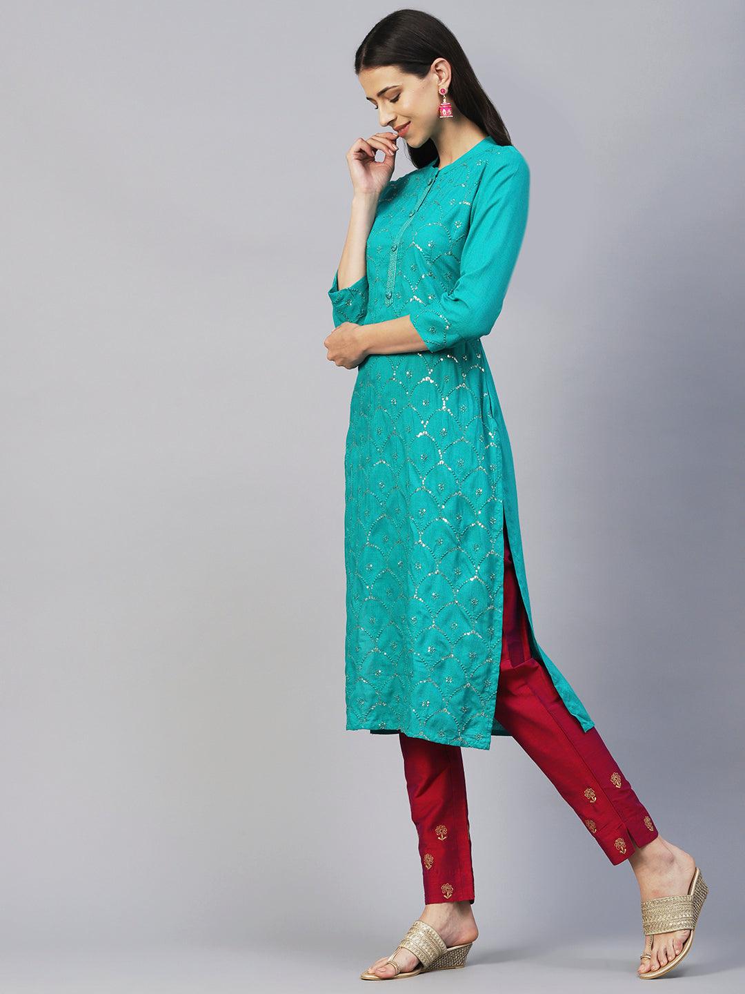 Solid Sequins & Resham Jaal Embroidered Kurta - Green - Indiakreations