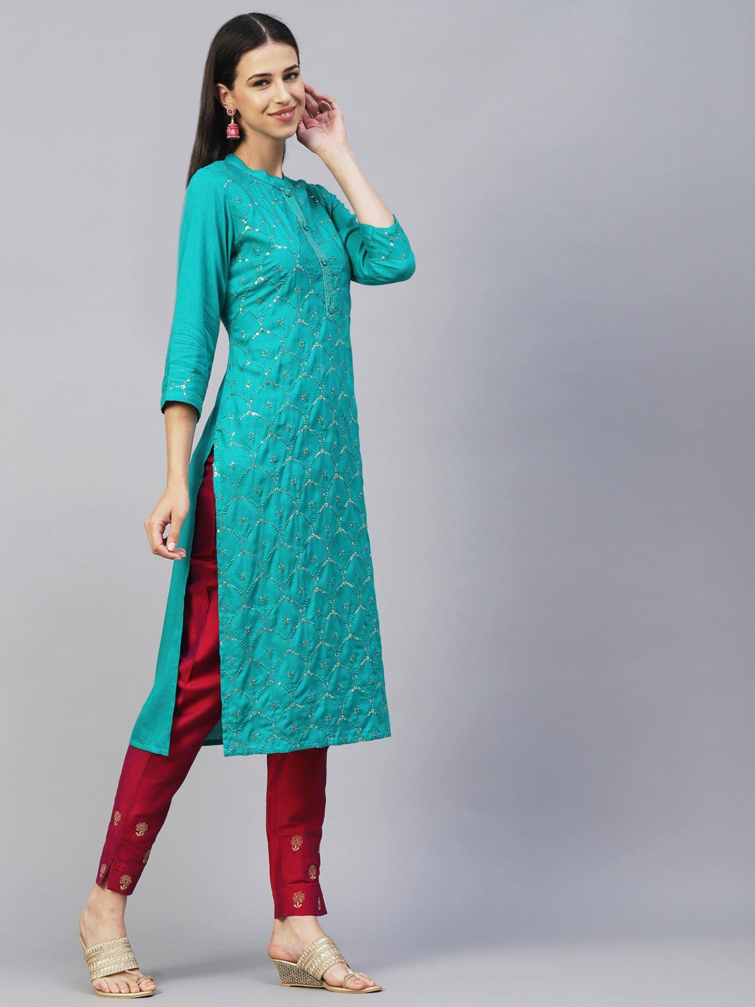 Solid Sequins & Resham Jaal Embroidered Kurta - Green - Indiakreations