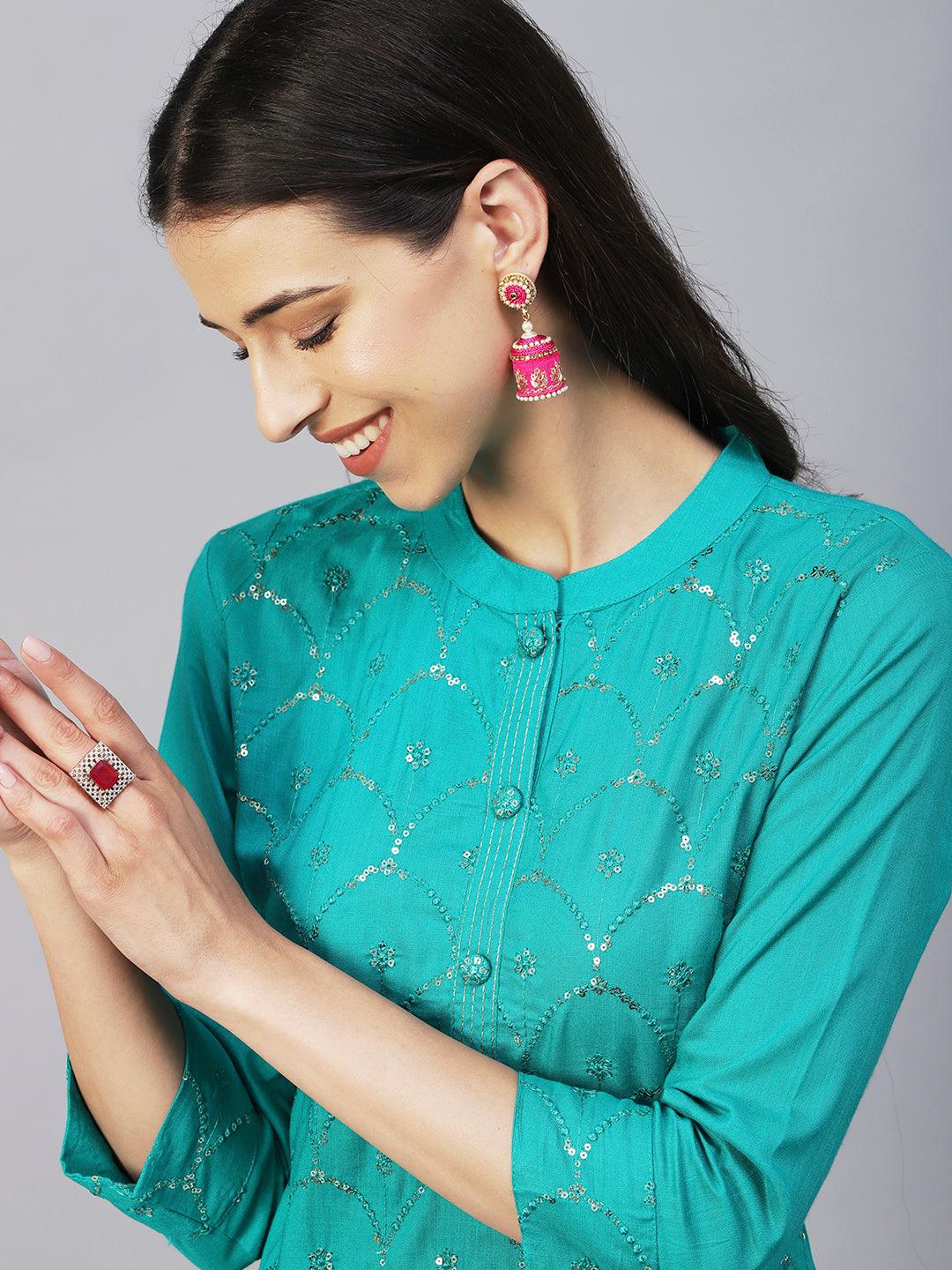 Solid Sequins & Resham Jaal Embroidered Kurta - Green - Indiakreations