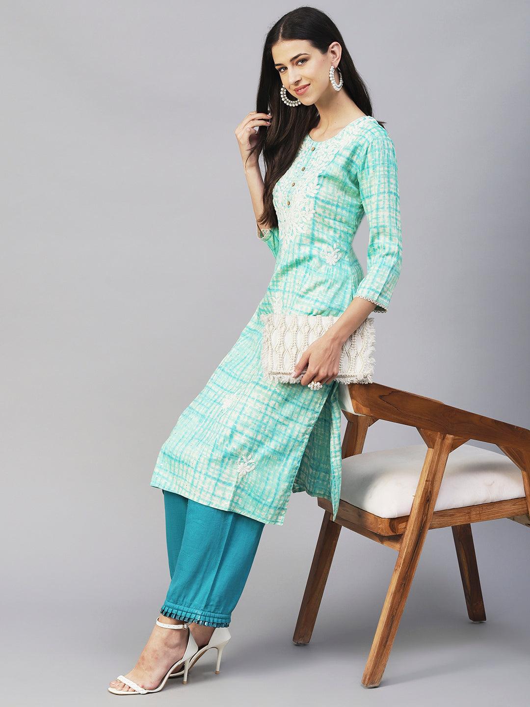 Abstract Printed & Chikankari Embroidered Straight Fit Kurta - Turquoise Blue - Indiakreations