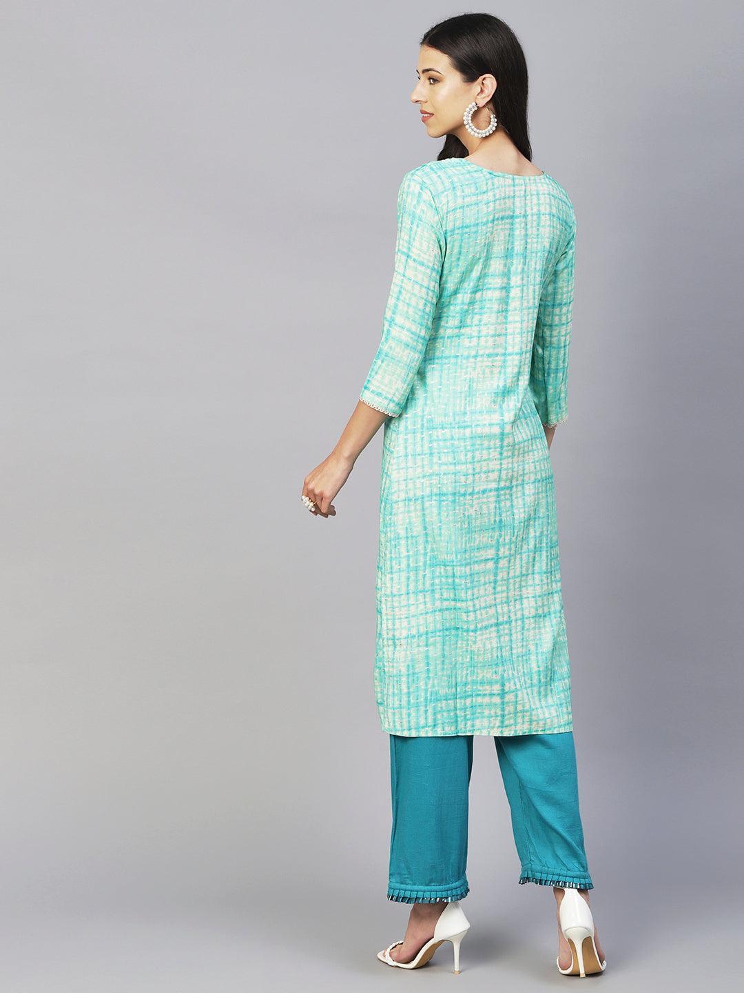 Abstract Printed & Chikankari Embroidered Straight Fit Kurta - Turquoise Blue - Indiakreations