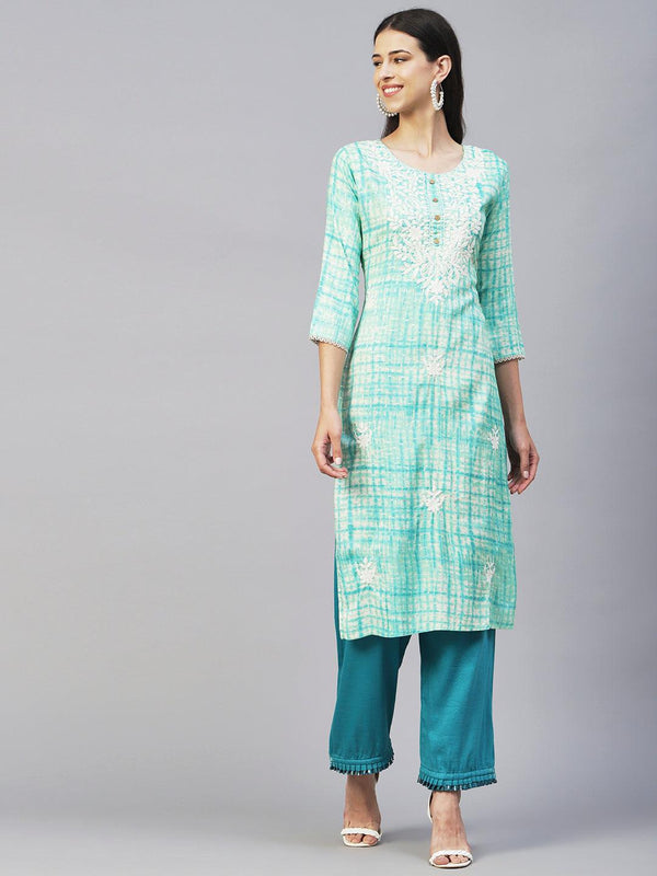 Abstract Printed & Chikankari Embroidered Straight Fit Kurta - Turquoise Blue - Indiakreations