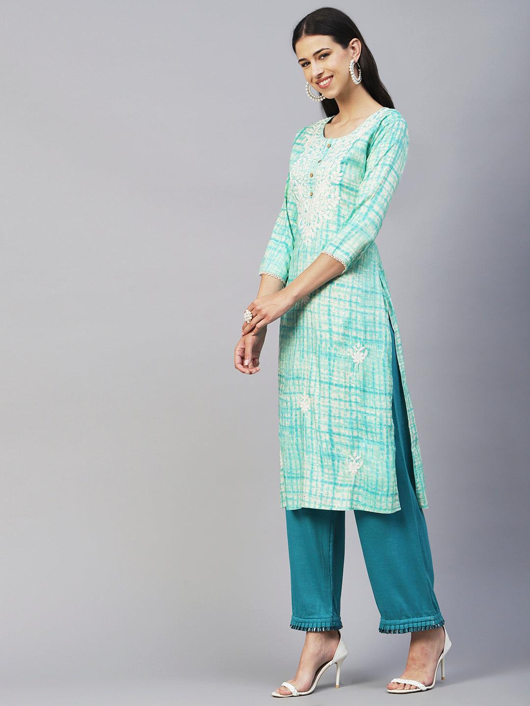 Abstract Printed & Chikankari Embroidered Straight Fit Kurta - Turquoise Blue - Indiakreations