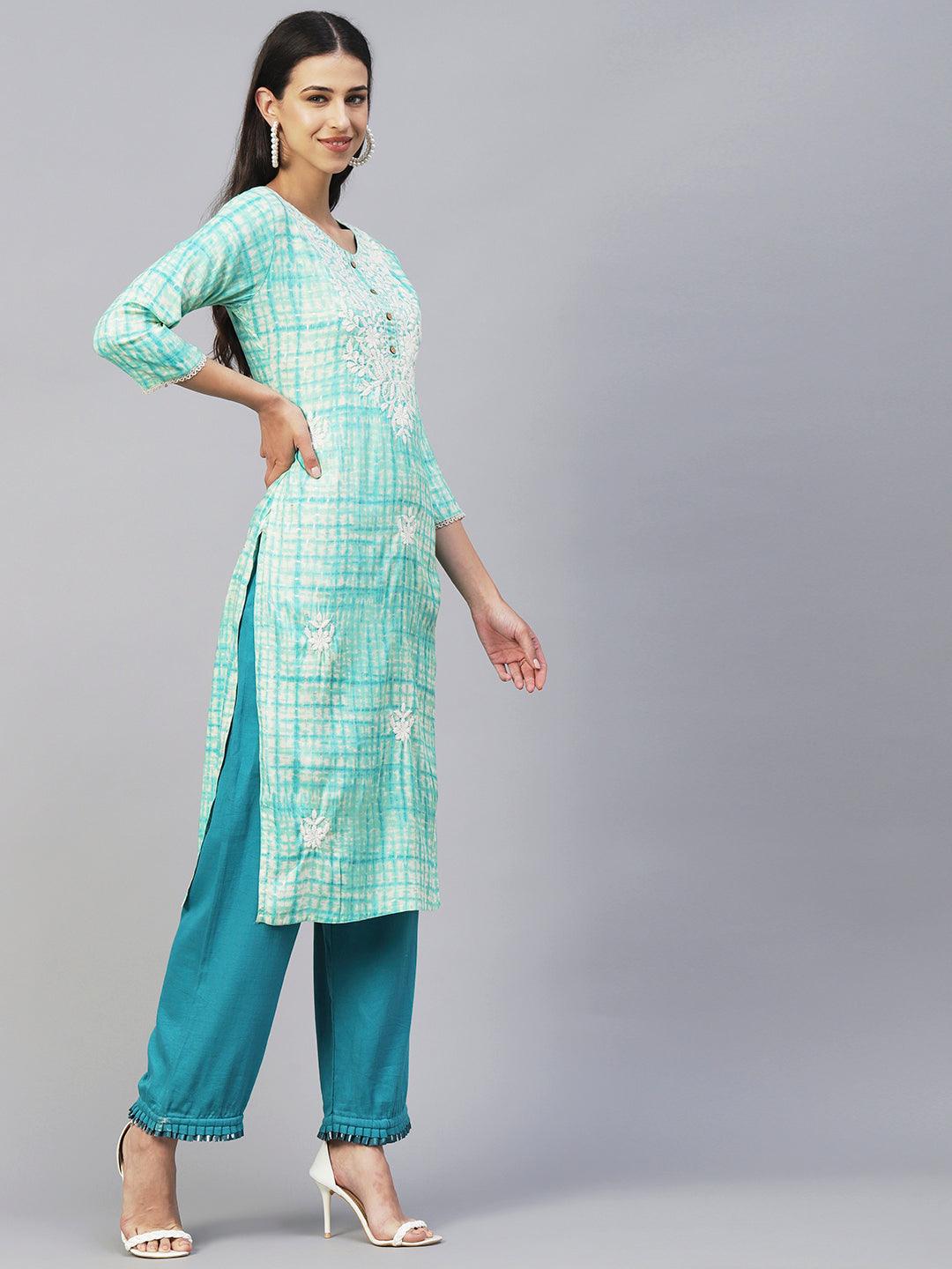 Abstract Printed & Chikankari Embroidered Straight Fit Kurta - Turquoise Blue - Indiakreations