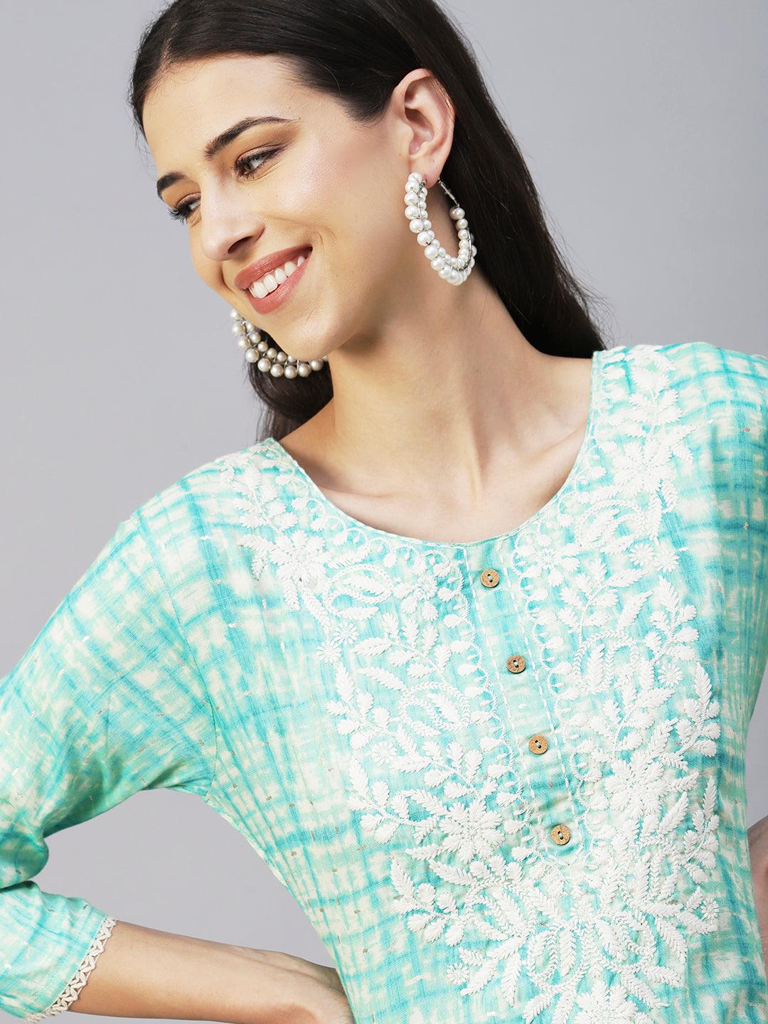 Abstract Printed & Chikankari Embroidered Straight Fit Kurta - Turquoise Blue - Indiakreations