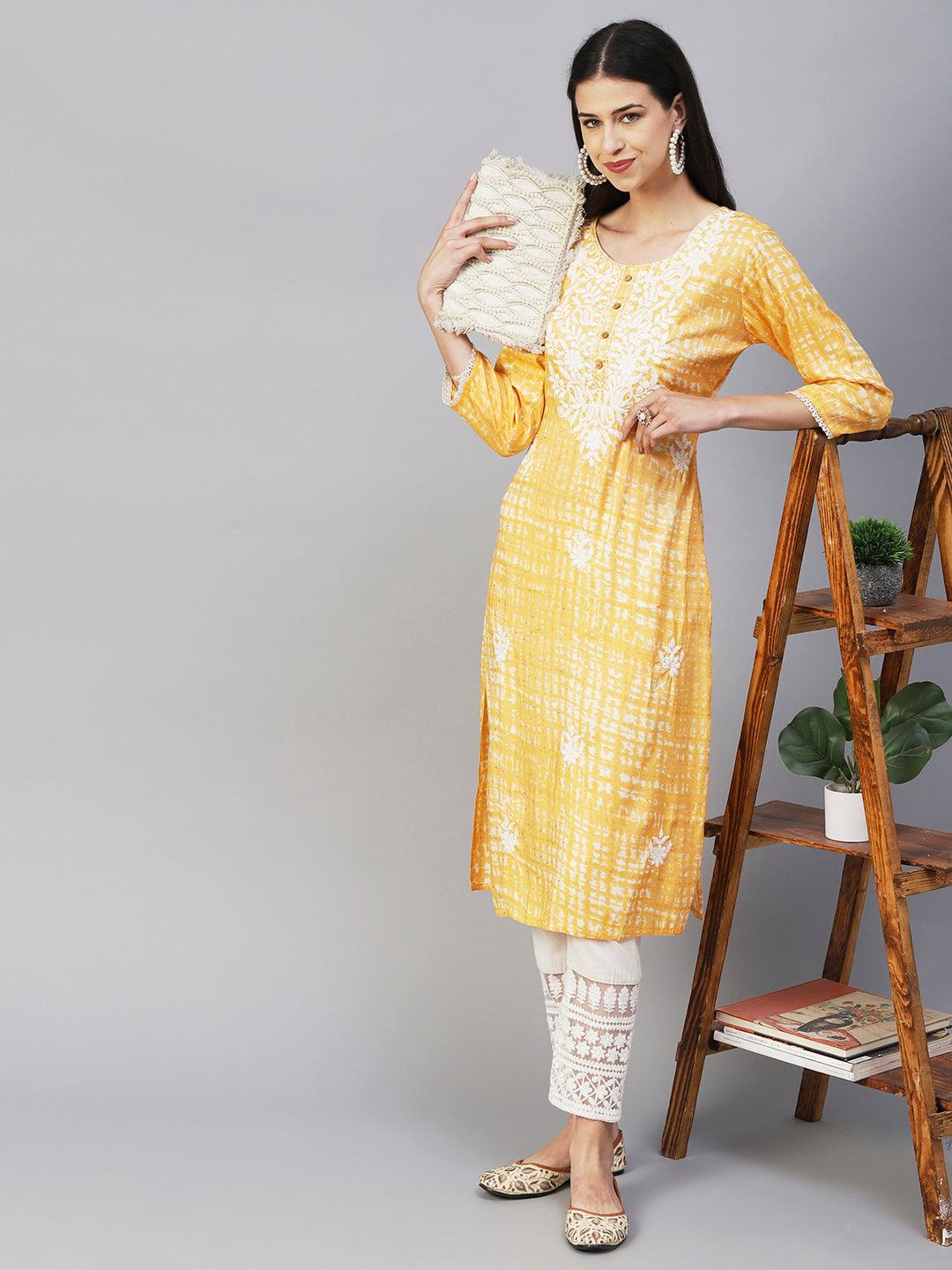 Abstract Printed & Chikankari Embroidered Straight Fit Kurta - Orange - Indiakreations