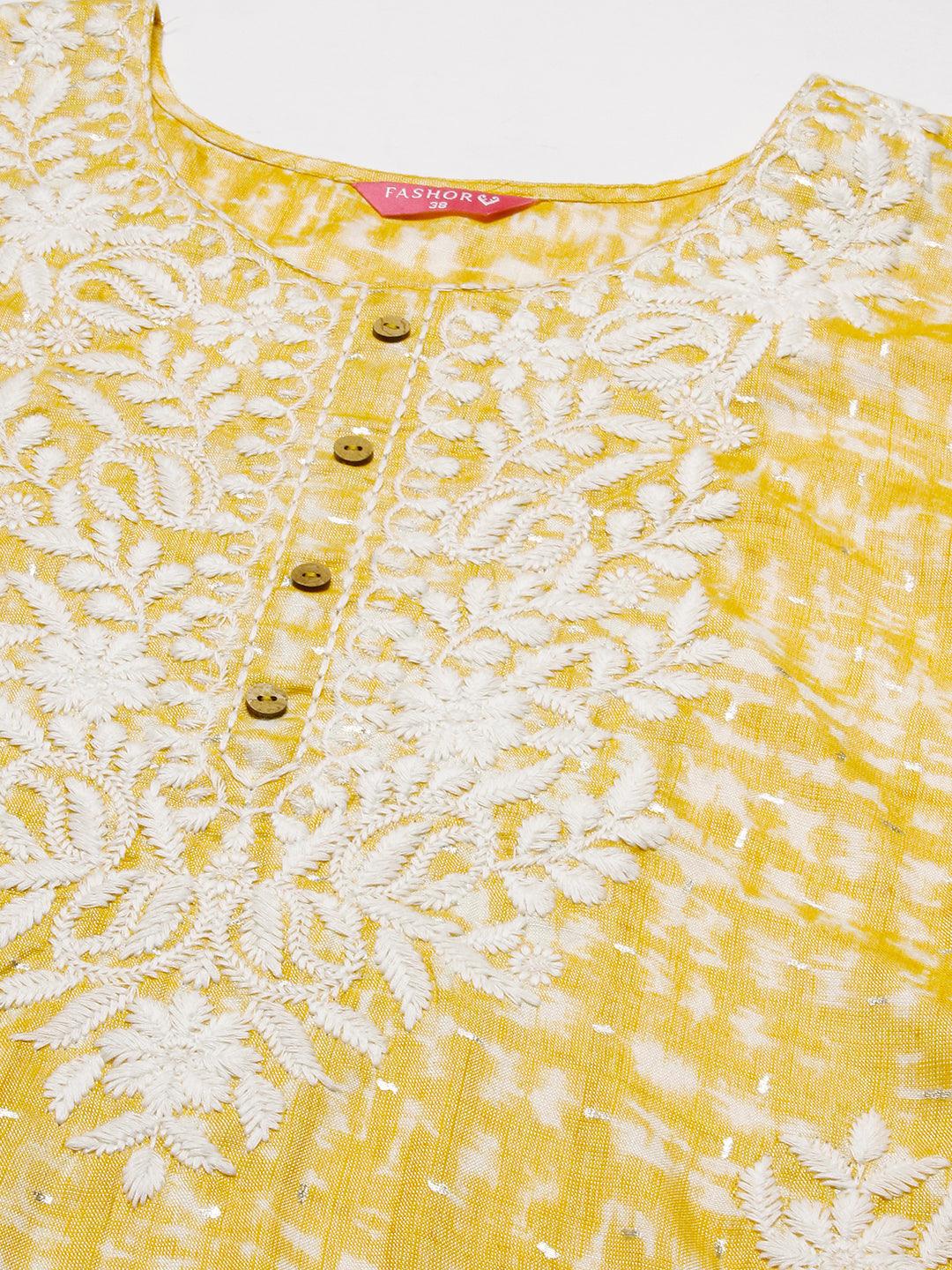 Abstract Printed & Chikankari Embroidered Straight Fit Kurta - Orange - Indiakreations