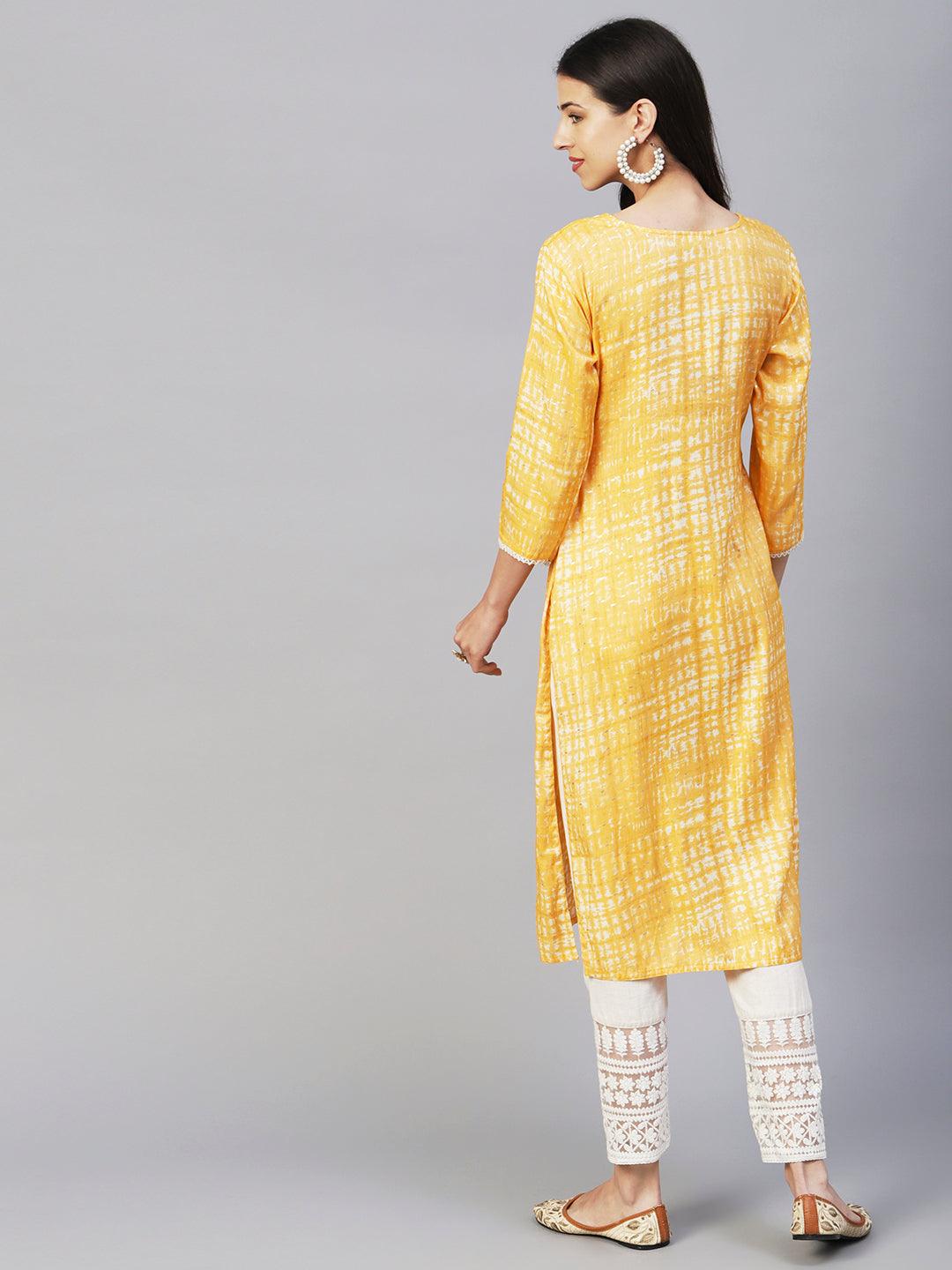 Abstract Printed & Chikankari Embroidered Straight Fit Kurta - Orange - Indiakreations