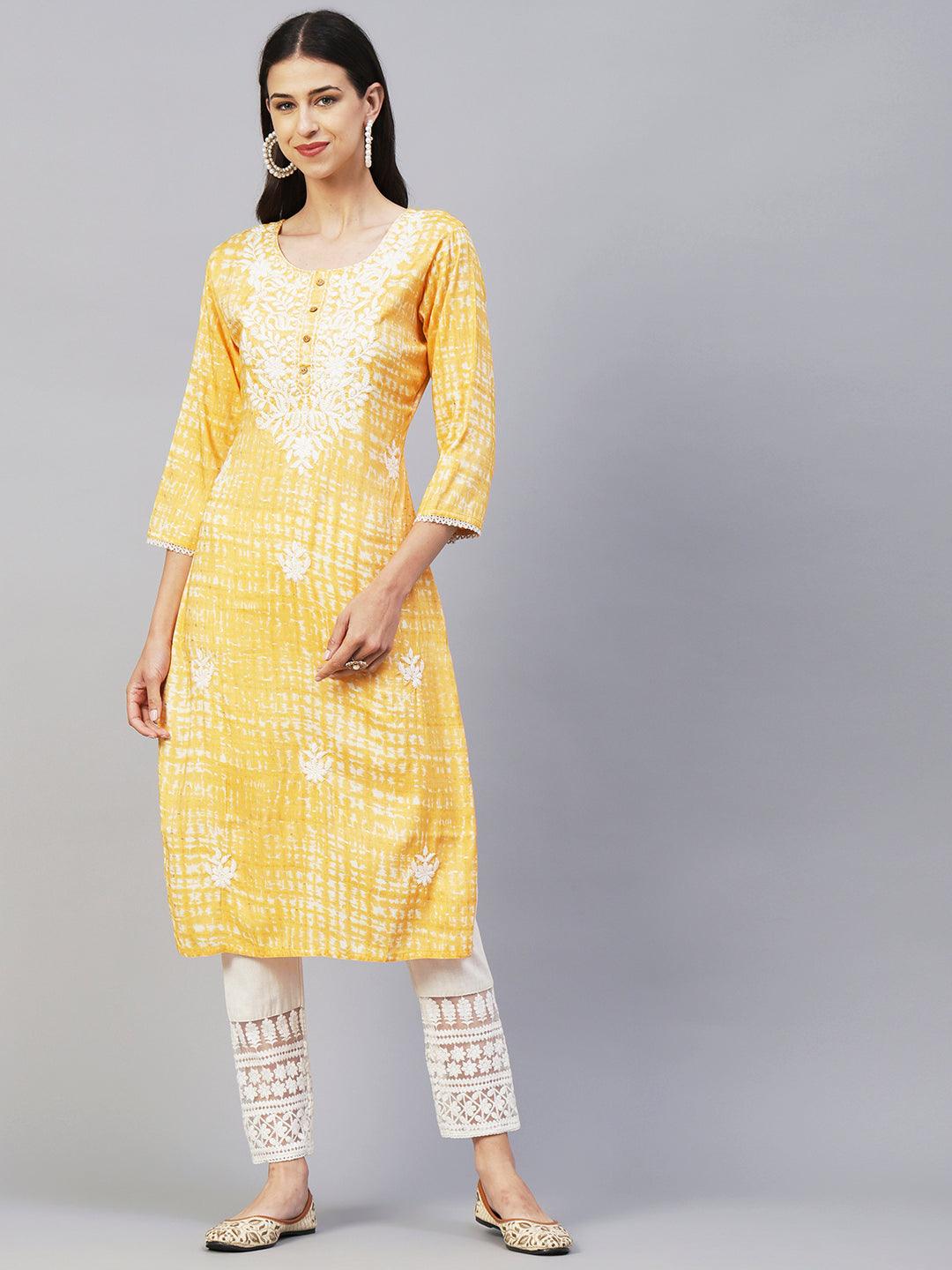 Abstract Printed & Chikankari Embroidered Straight Fit Kurta - Orange - Indiakreations