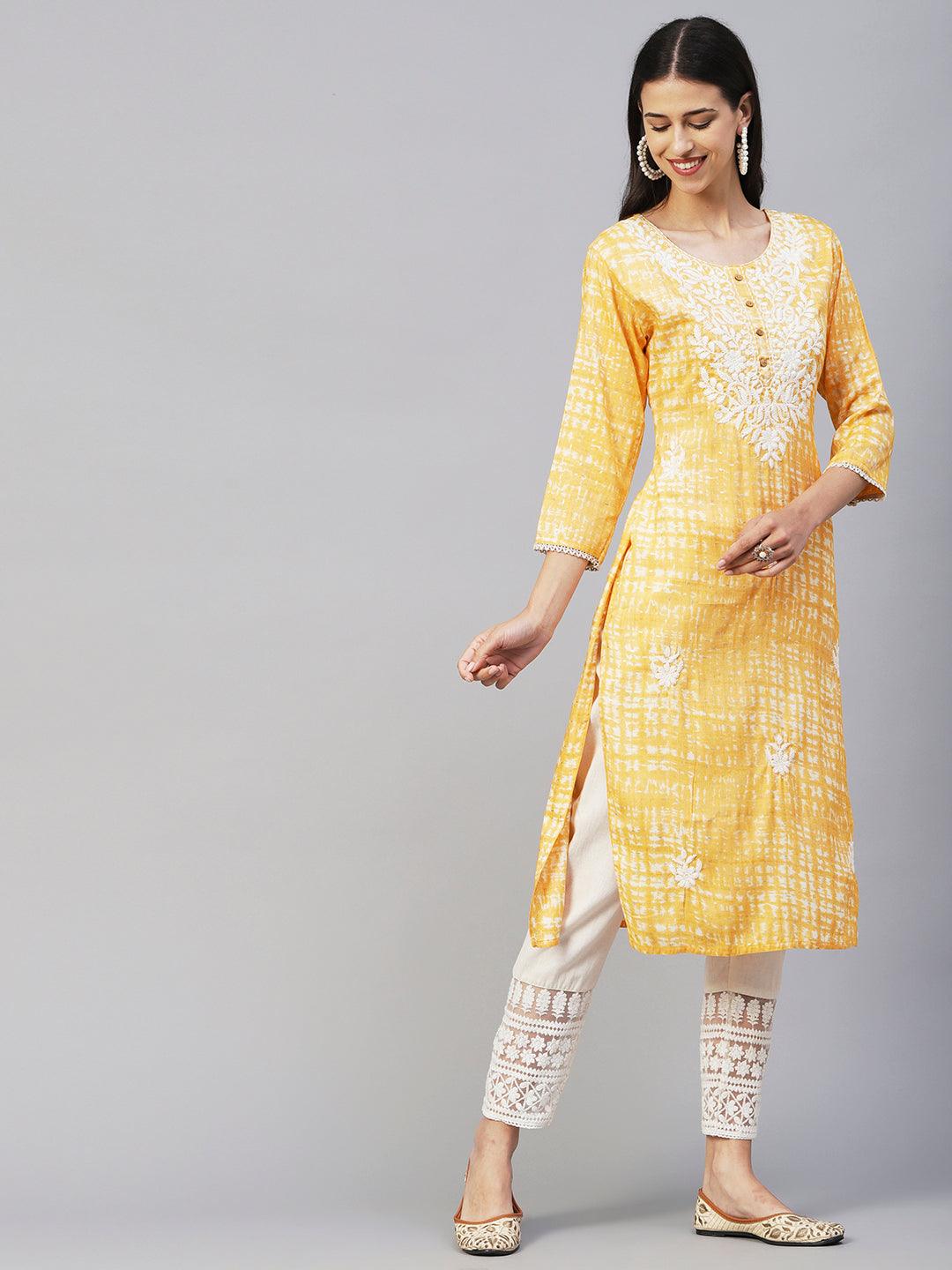 Abstract Printed & Chikankari Embroidered Straight Fit Kurta - Orange - Indiakreations