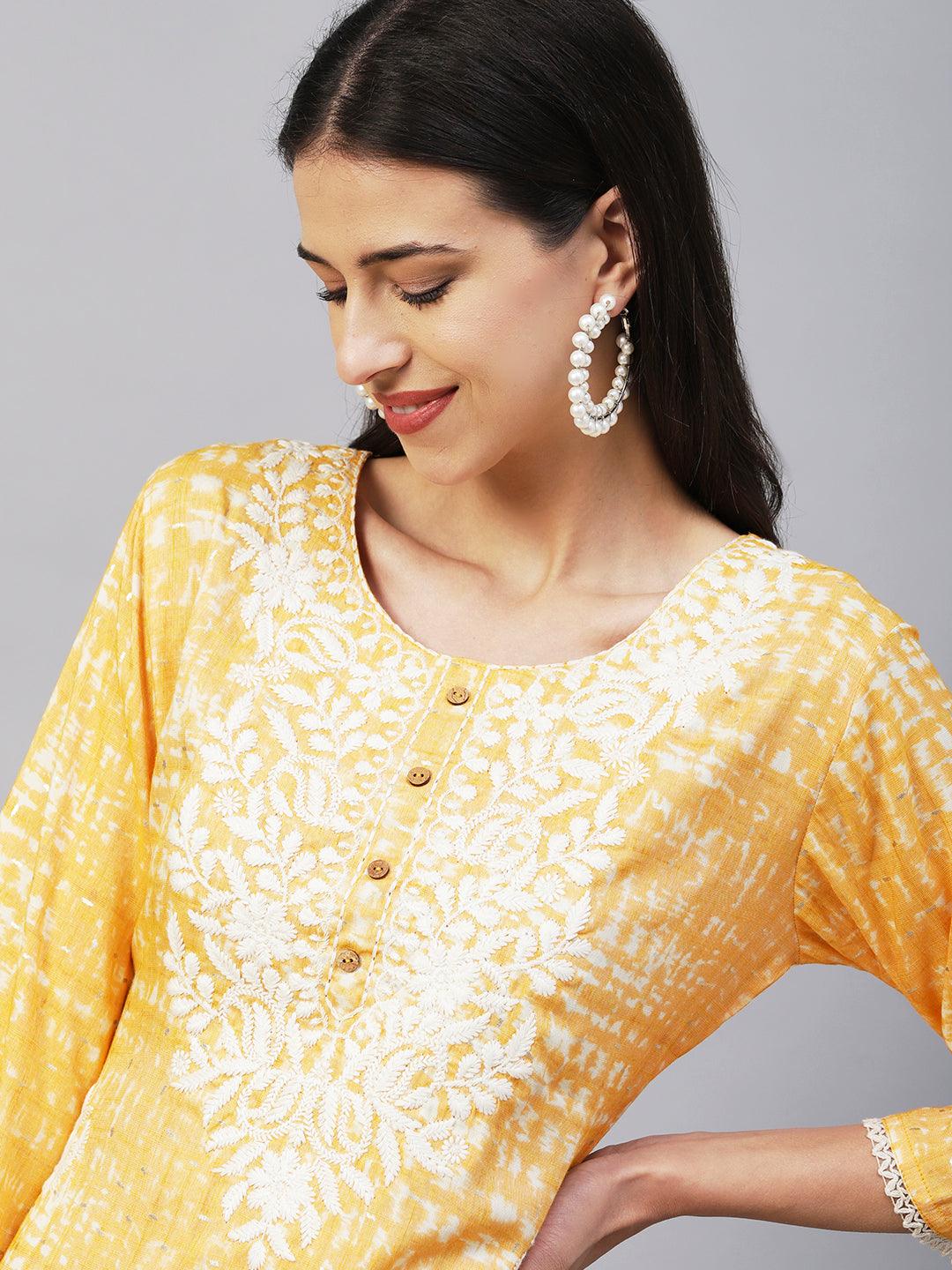 Abstract Printed & Chikankari Embroidered Straight Fit Kurta - Orange - Indiakreations