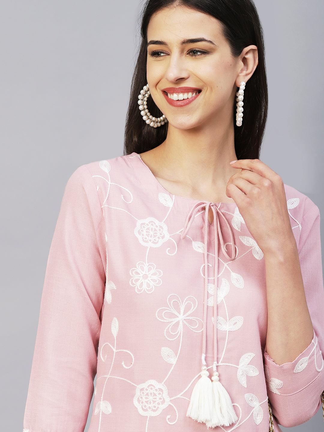 Solid Resham Jaal Embroidered Fringed Tasseled Kurta With Pants - Pink - Indiakreations