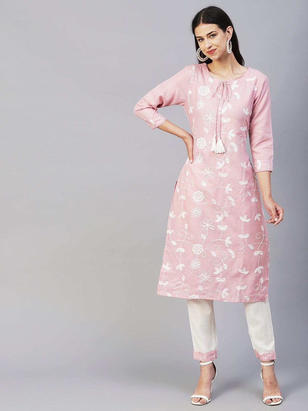 Solid Resham Jaal Embroidered Fringed Tasseled Kurta With Pants - Pink - Indiakreations