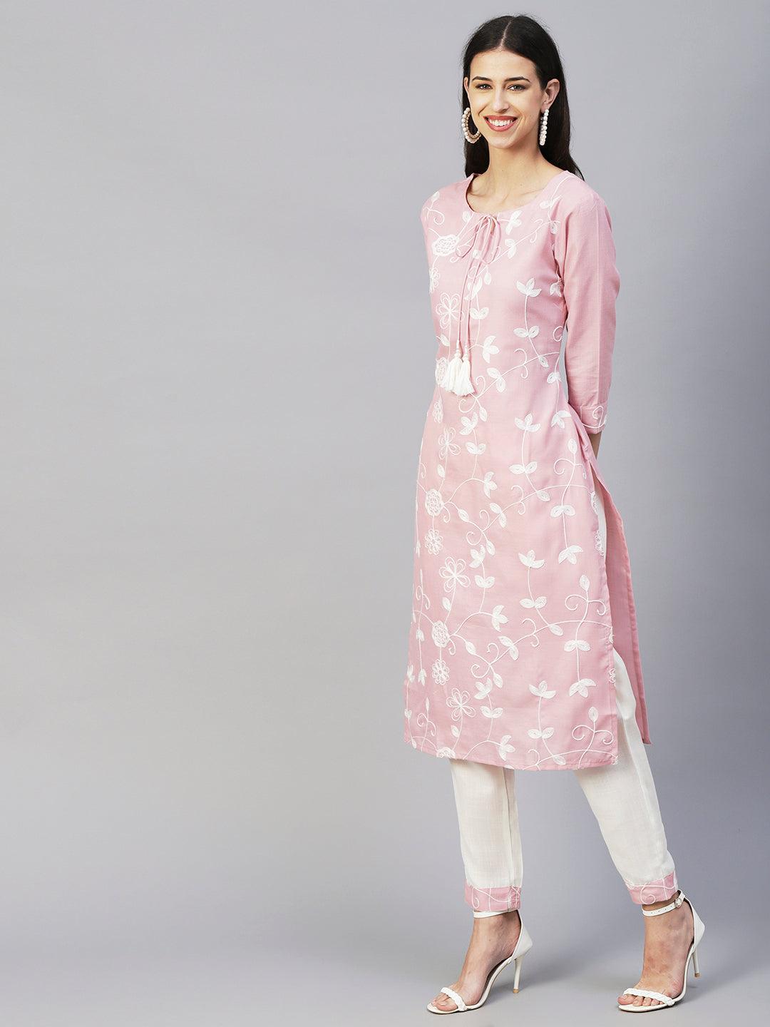 Solid Resham Jaal Embroidered Fringed Tasseled Kurta With Pants - Pink - Indiakreations