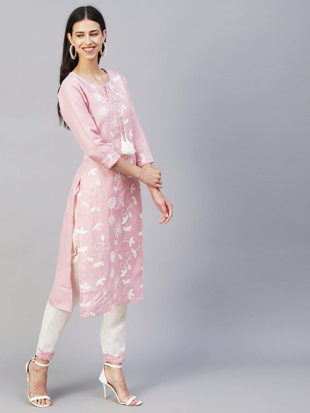 Solid Resham Jaal Embroidered Fringed Tasseled Kurta With Pants - Pink - Indiakreations