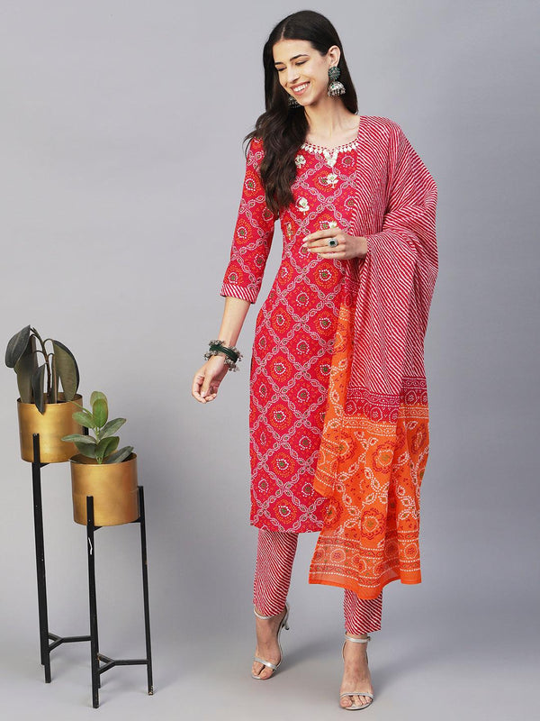 Bandhani Printed Gotapatti & Mirror Embroidered Kurta With Lehriya Pants & Dupatta - Magenta - Indiakreations